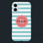 Mint Turquoise Stripes Monogram iPhone 16 Plus Case<br><div class="desc">Designs for any Occasion. More designs and matching items are available at my store. - http://www.zazzle.com/designbylang* - 
Thanks for visiting!

DesignByLang</div>