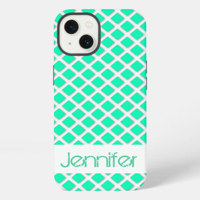 Mint Turquoise Tilted Squares Name Personalized iPhone Case (Back)