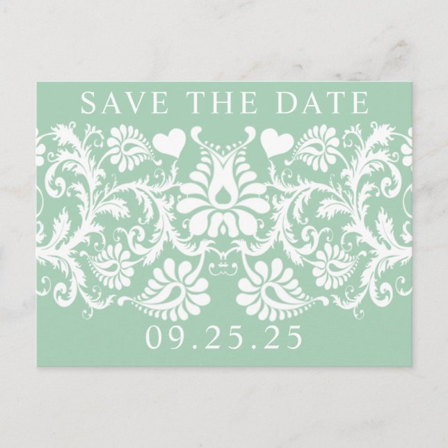 Mint Unique Damask Save the Date Announcement Postcard (Front)