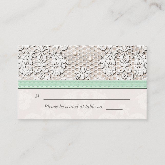 Mint Vintage Lace Wedding Seating Place Cards (Front)