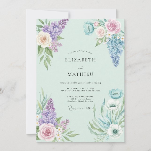Mint Violet Bouquet Eucalyptus Wedding Invitation (Front)