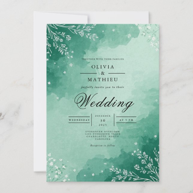 Mint Watercolor Bloom Wedding Invitation (Front)