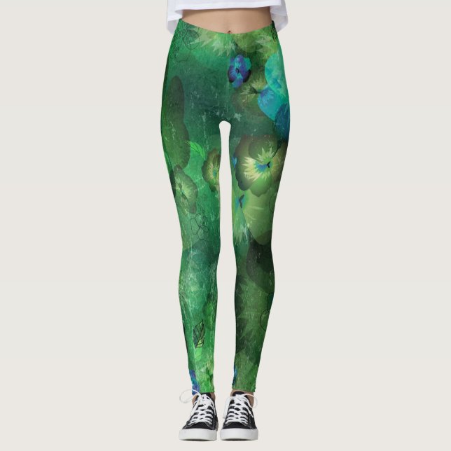 Mint Watercolor Floral Pattern Leggings (Front)