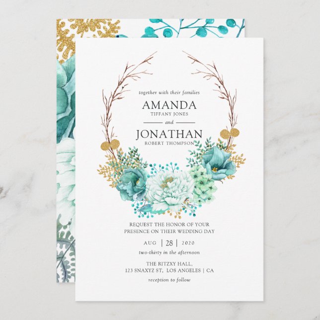 Mint Watercolor Floral Wedding Invitation (Front/Back)