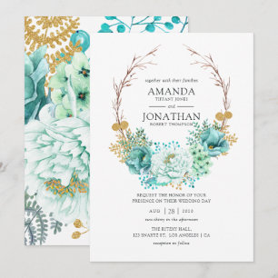 Mint Watercolor Floral Wedding Invitation