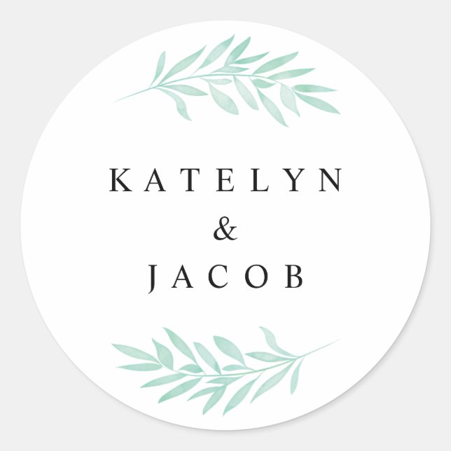 Mint Watercolor Greenery Wedding Round Sticker (Front)