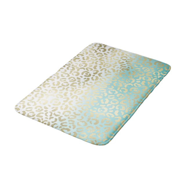 Mint Watercolor Ombre Glam Gold Leopard   Bath Mat (Angled)
