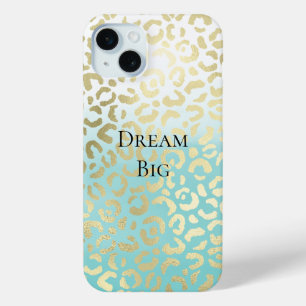 Mint Watercolor Ombre Glam Gold Leopard iPhone 15 Mini Case