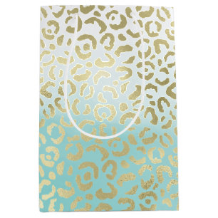 Mint Watercolor Ombre Glam Gold Leopard   Medium Gift Bag