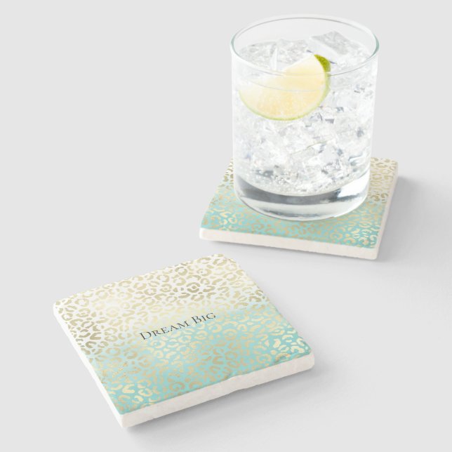Mint Watercolor Ombre Glam Gold Leopard   Stone Coaster (Side)