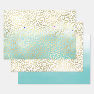 Mint Watercolor Ombre Glam Gold Leopard   Wrapping Paper Sheet
