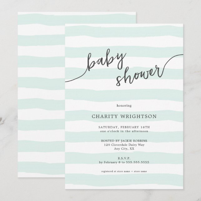 Mint Watercolor Stripes Baby Shower Invitation (Front/Back)