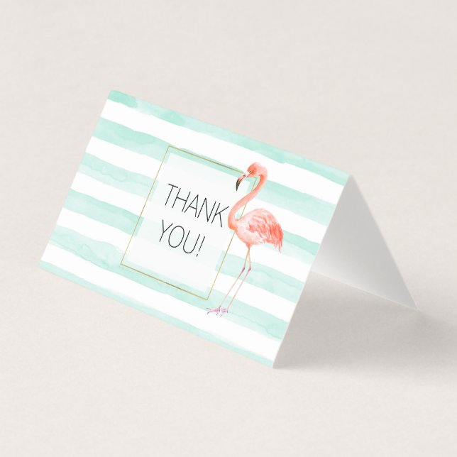 Mint Watercolor Stripes Pink Flamingo Thank you (Front)