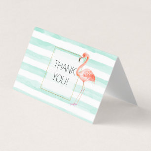 Mint Watercolor Stripes Pink Flamingo Thank you