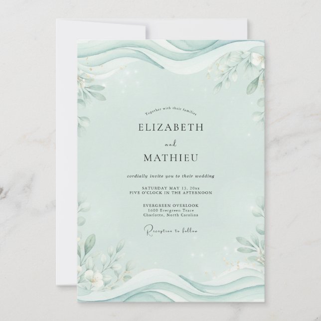 Mint Wave Leaf Wedding Invitation (Front)