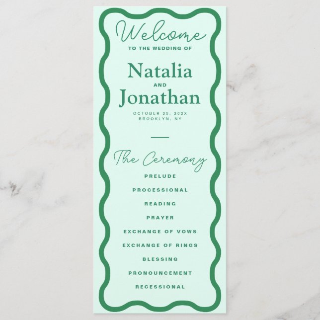 Mint Wavy Retro Wedding Program (Front)