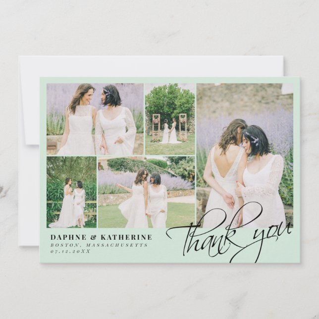 Mint Wedding Photo Collage Script Thank You Card (Front)