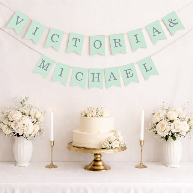 Mint Wedding Simple Green Grey Bride & Groom Names Bunting Flags (Creator Uploaded)