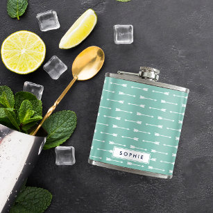 Mint & White Arrows Personalized Flask