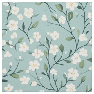 Mint White Blossom Cottagecore Pattern Fabric