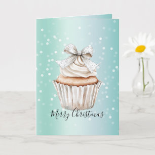 Mint White Bokeh Dots Bow Cupcake Christmas Card