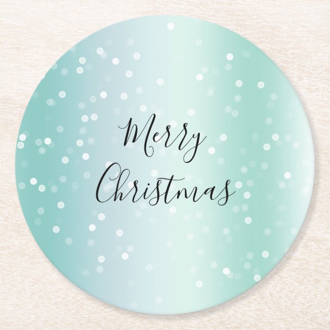 Mint White Bokeh Dots Celebration Round Paper Coaster (Front)