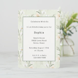 Mint White Cream Hibiscus Orchid Floral Birthday Invitation