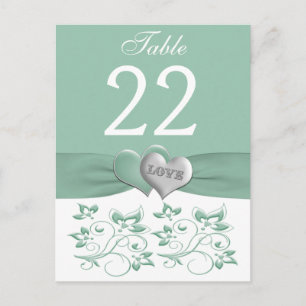 Mint, White Floral Hearts Table Number Card