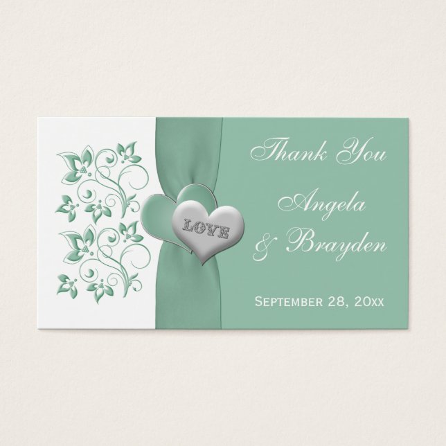 Mint, White Floral Hearts Wedding Favour Tag (Front)