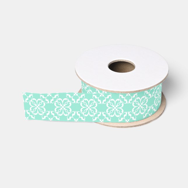 Mint & White Floral Lattice Pattern Grosgrain Ribbon (Spool)