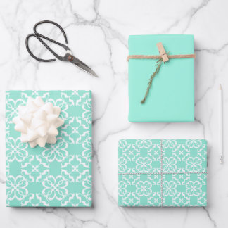 Mint & White Floral Lattice Pattern Wrapping Paper Sheet