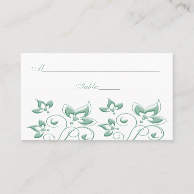 Mint, White Floral Wedding Placecard (Front)