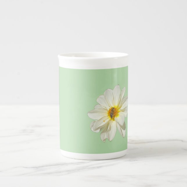 Mint White Flower & Honeybee Bone China Mug (Front)