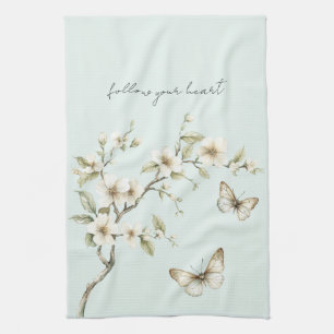 Mint White Flowers Butterflies  Kitchen Towel
