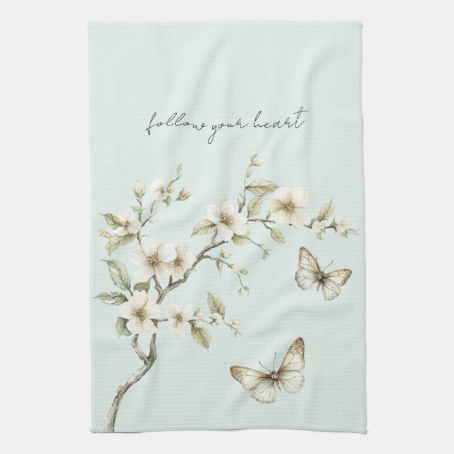 Mint White Flowers Butterflies  Kitchen Towel (Vertical)