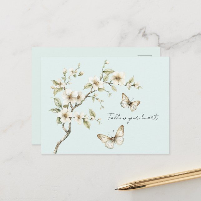 Mint White Flowers Butterflies   Postcard (Front/Back In Situ)