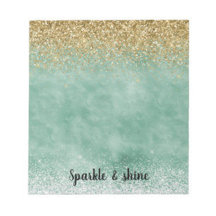 Mint White Glam Gold Sparkle Glitter Notepad