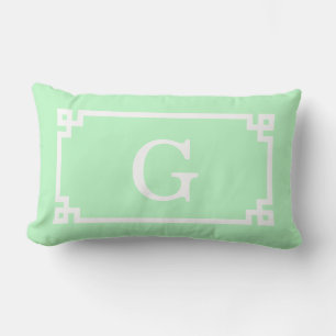 Mint White Greek Key Frame #2 Initial Monogram Lumbar Pillow