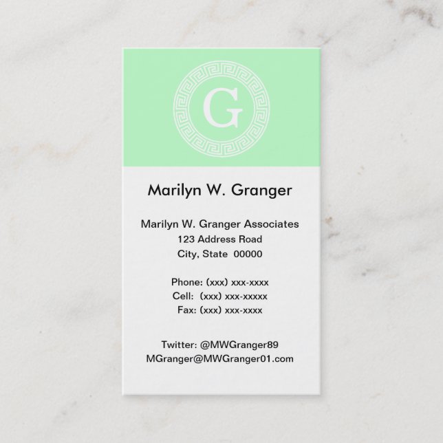 Mint White Greek Key Rnd Frame Initial Monogram Business Card (Front)