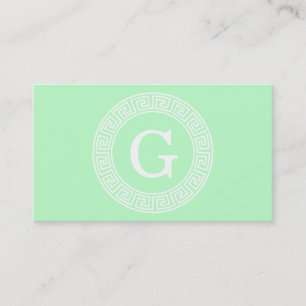 Mint White Greek Key Rnd Frame Initial Monogram Business Card