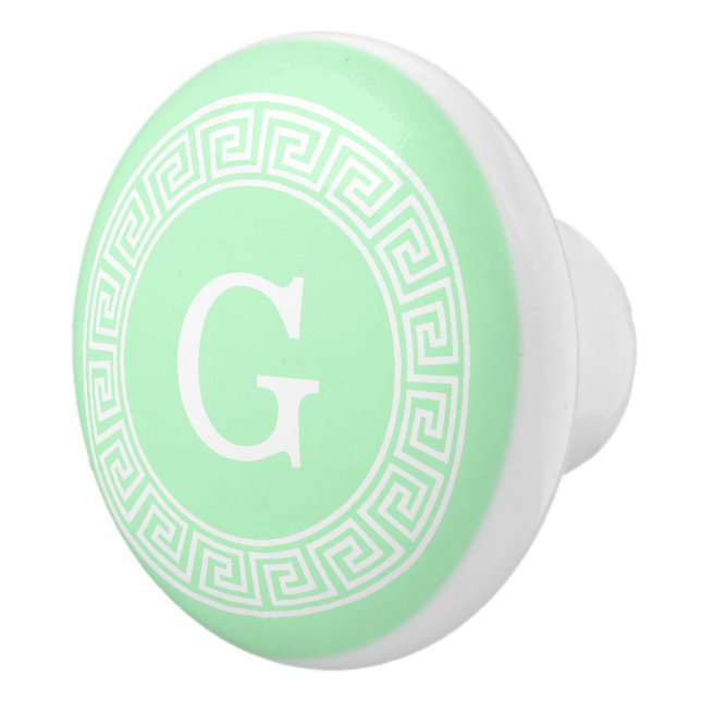 Mint White Greek Key Rnd Frame Initial Monogram Ceramic Knob (Right)