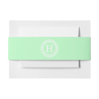 Mint White Greek Key Rnd Frame Initial Monogram Invitation Belly Band