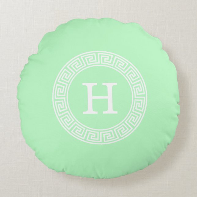 Mint White Greek Key Rnd Frame Initial Monogram Round Pillow (Front)