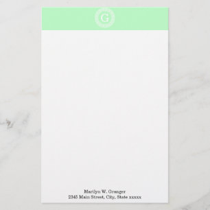 Mint White Greek Key Rnd Frame Initial Monogram Stationery