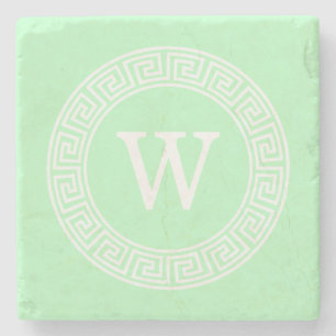 Mint White Greek Key Rnd Frame Initial Monogram Stone Coaster