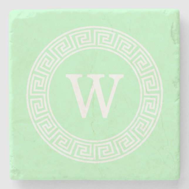 Mint White Greek Key Rnd Frame Initial Monogram Stone Coaster (Front)