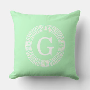 Mint White Greek Key Rnd Frame Initial Monogram Throw Pillow