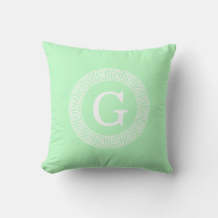 Mint White Greek Key Rnd Frame Initial Monogram Throw Pillow