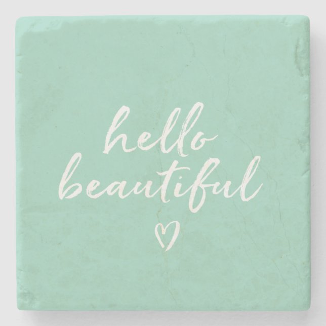 Mint White Hello Beautiful Inspirational Heart Stone Coaster (Front)