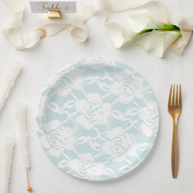 Mint White Lace Roses Floral Paper Plate (Wedding)
